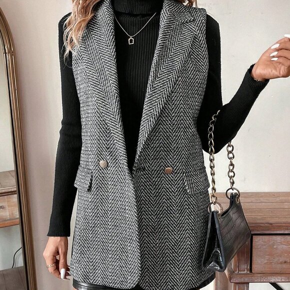 Black multicolor Elegant Women's Sleeveless Herringbone Blazer vest - Picture 1 of 5